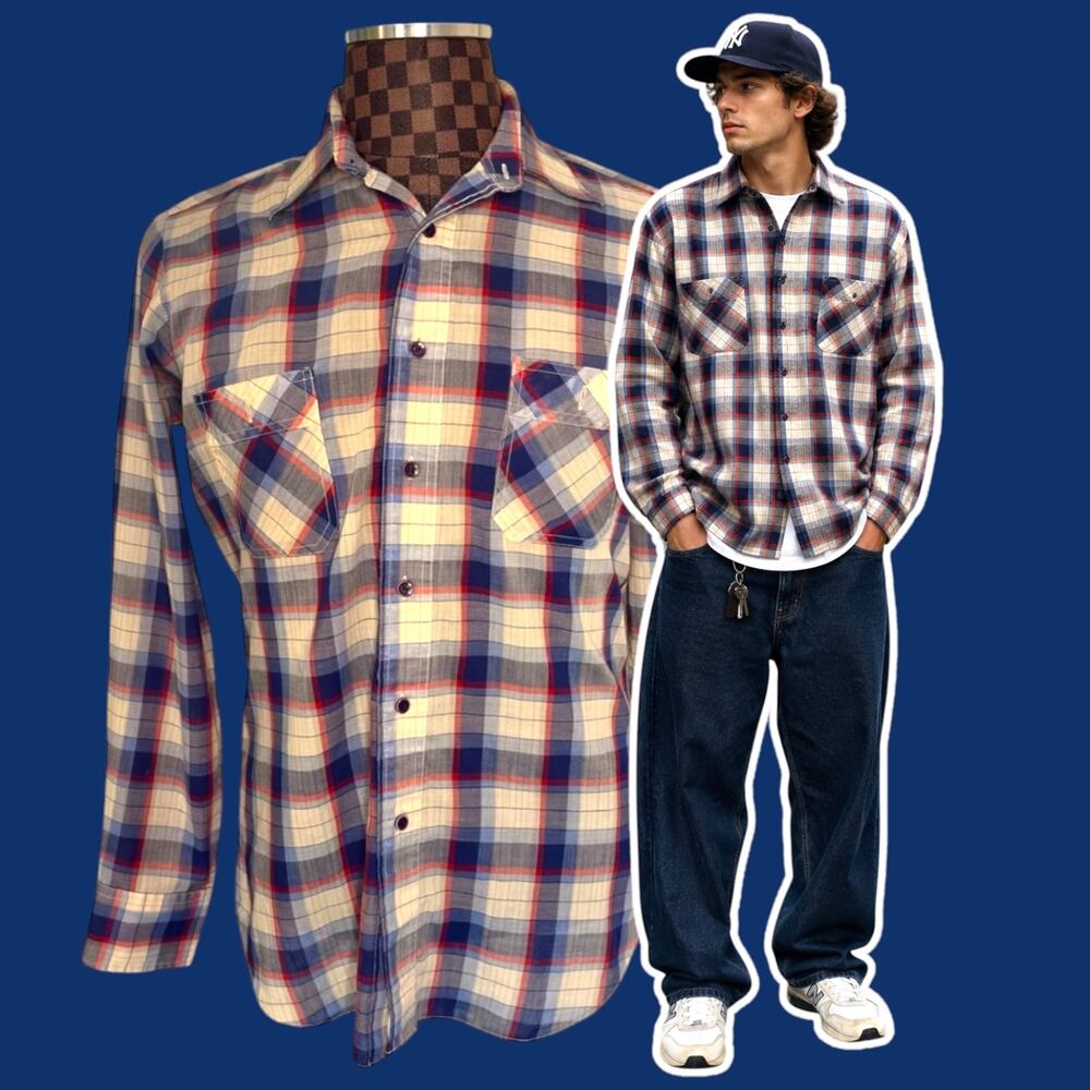 Vintage Mens Gap Plaid Shirt Size Large Button Up Preppy Blue Red White 70s 80s